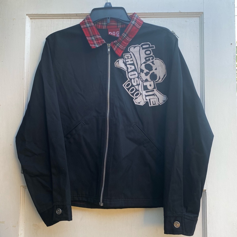 DOGPILE CHAOS punk rock emo mens Black and plaid zipper jacket ska skull Y2K